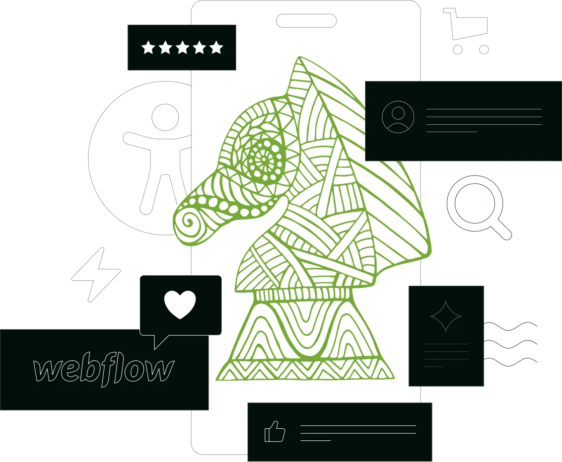 a bright green knight chess piece with various web design icons emanating from it.